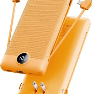 Portable Charger Built-in Cables and AC Wall Plug, VRURC USB C Power Bank 10000mAh, [2023 Upgraded Version] Phone Charger Compact Lightweight External Battery Pack for Smart Phones, Tablets etc-Orange