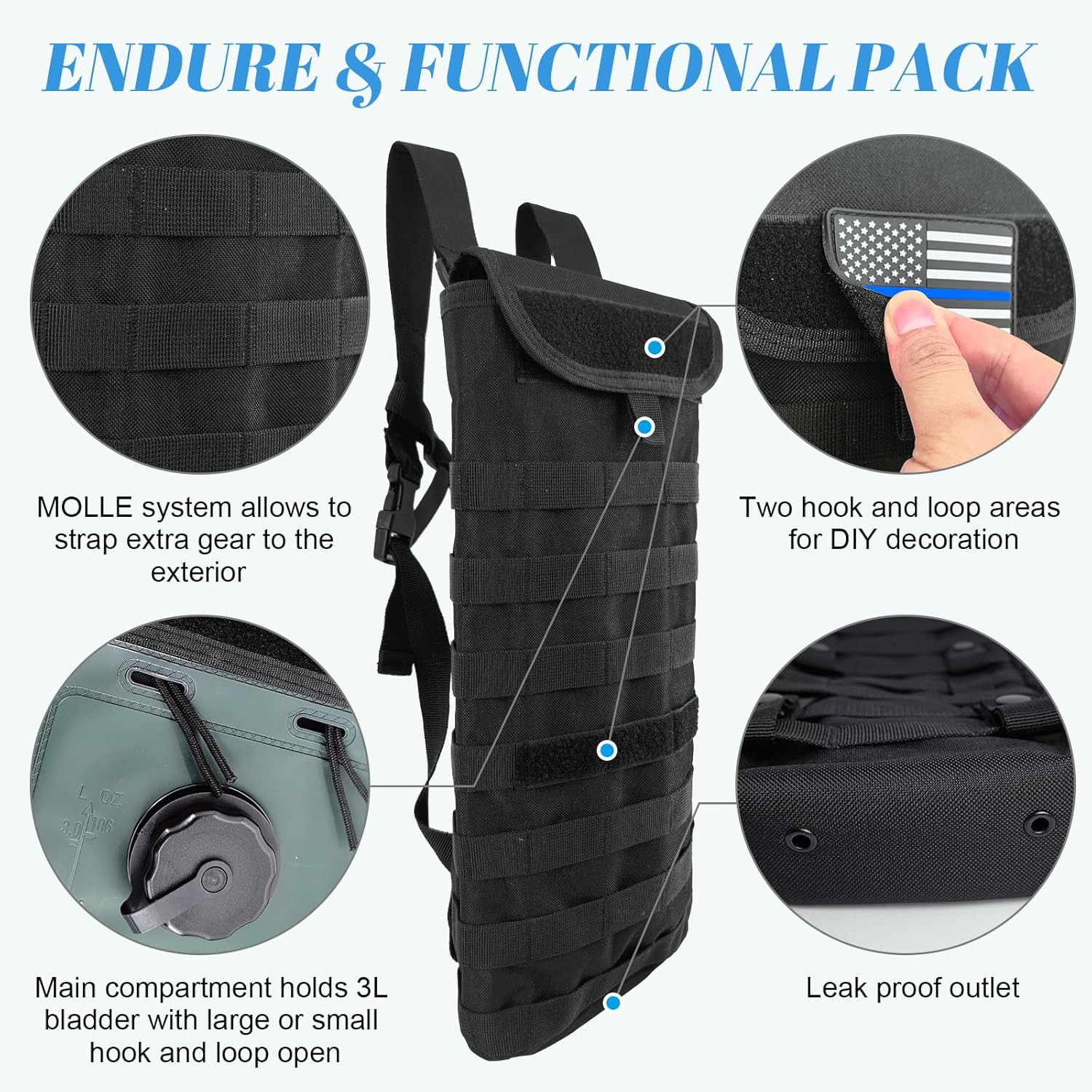 Tactical MOLLE Hydration Pack Carrier Backpack with 3L Water Bladder for Outdoor Sports, Black - Image 3
