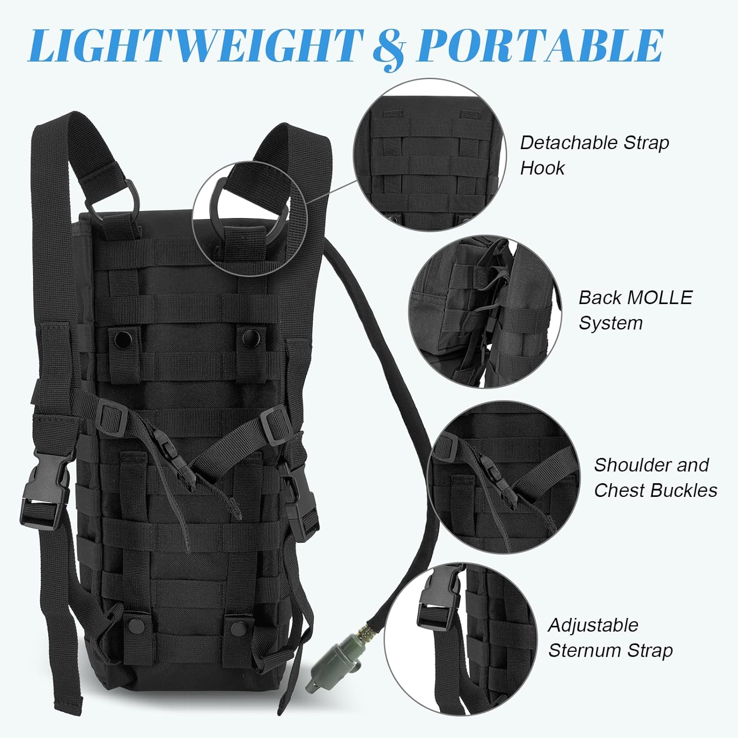 Tactical MOLLE Hydration Pack Carrier Backpack with 3L Water Bladder for Outdoor Sports, Black - Image 5