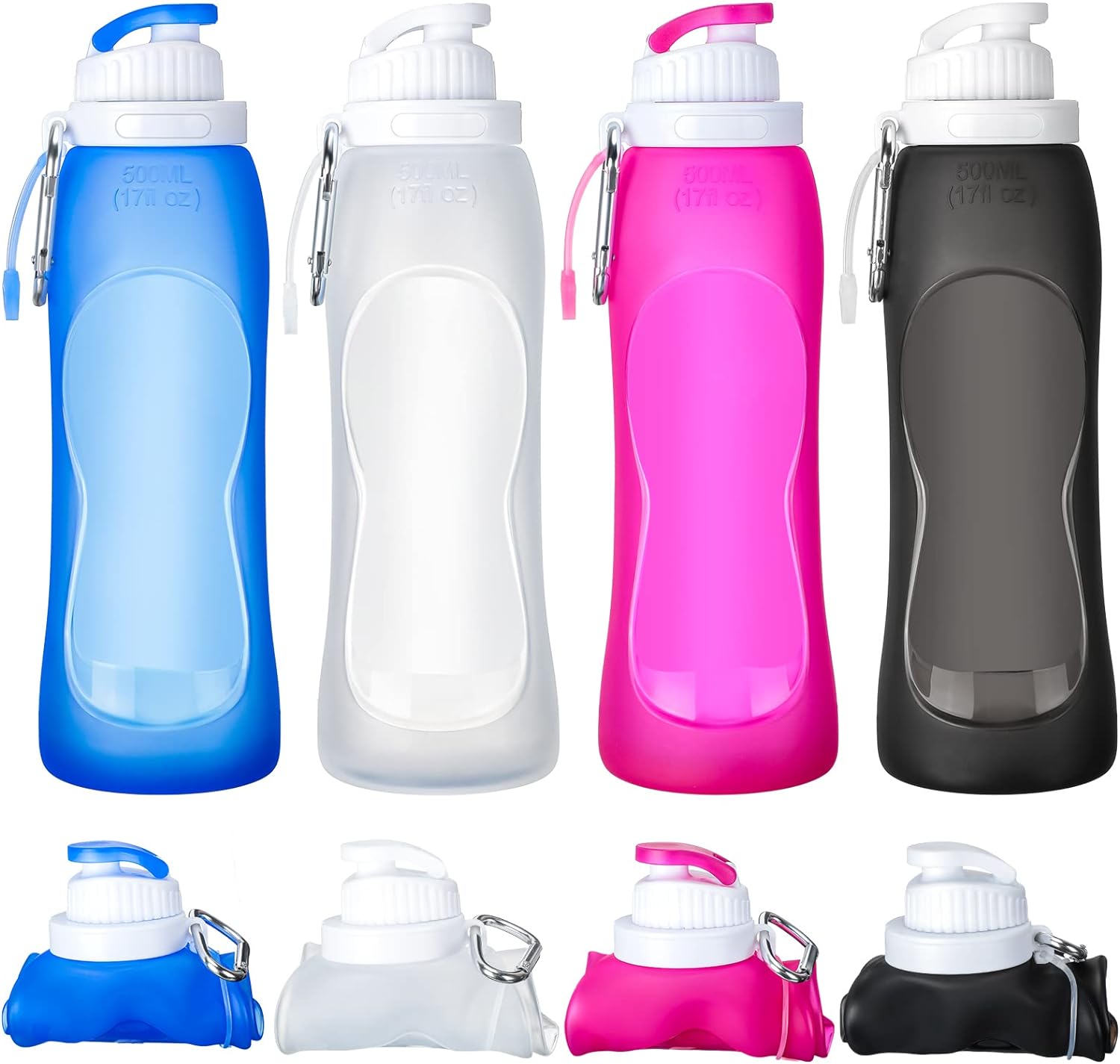 Zopeal 4 Pieces Collapsible Water Bottles Roll up Folding Bottle Silicone Foldable Leak Proof Water Bottles for Sports Traveling Riding Camping Hiking Backpack (Purple, Clear, Gray, Blue, 17 oz)