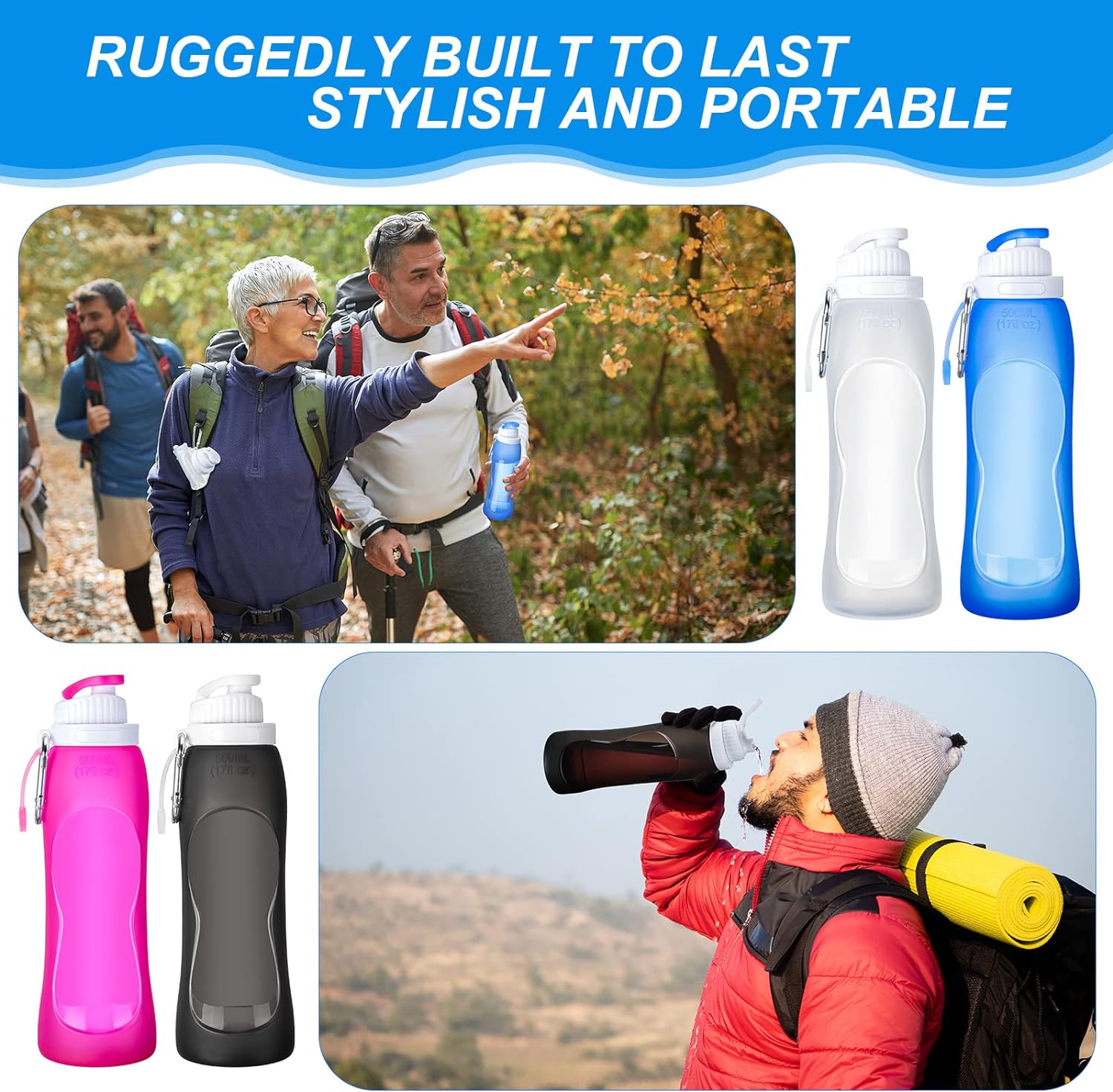 Zopeal 4 Pieces Collapsible Water Bottles Roll up Folding Bottle Silicone Foldable Leak Proof Water Bottles for Sports Traveling Riding Camping Hiking Backpack (Purple, Clear, Gray, Blue, 17 oz) - Image 4
