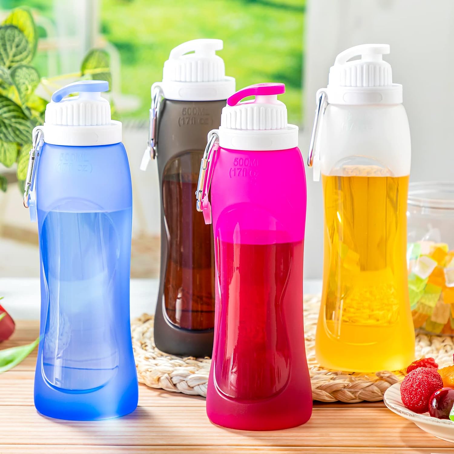 Zopeal 4 Pieces Collapsible Water Bottles Roll up Folding Bottle Silicone Foldable Leak Proof Water Bottles for Sports Traveling Riding Camping Hiking Backpack (Purple, Clear, Gray, Blue, 17 oz) - Image 6
