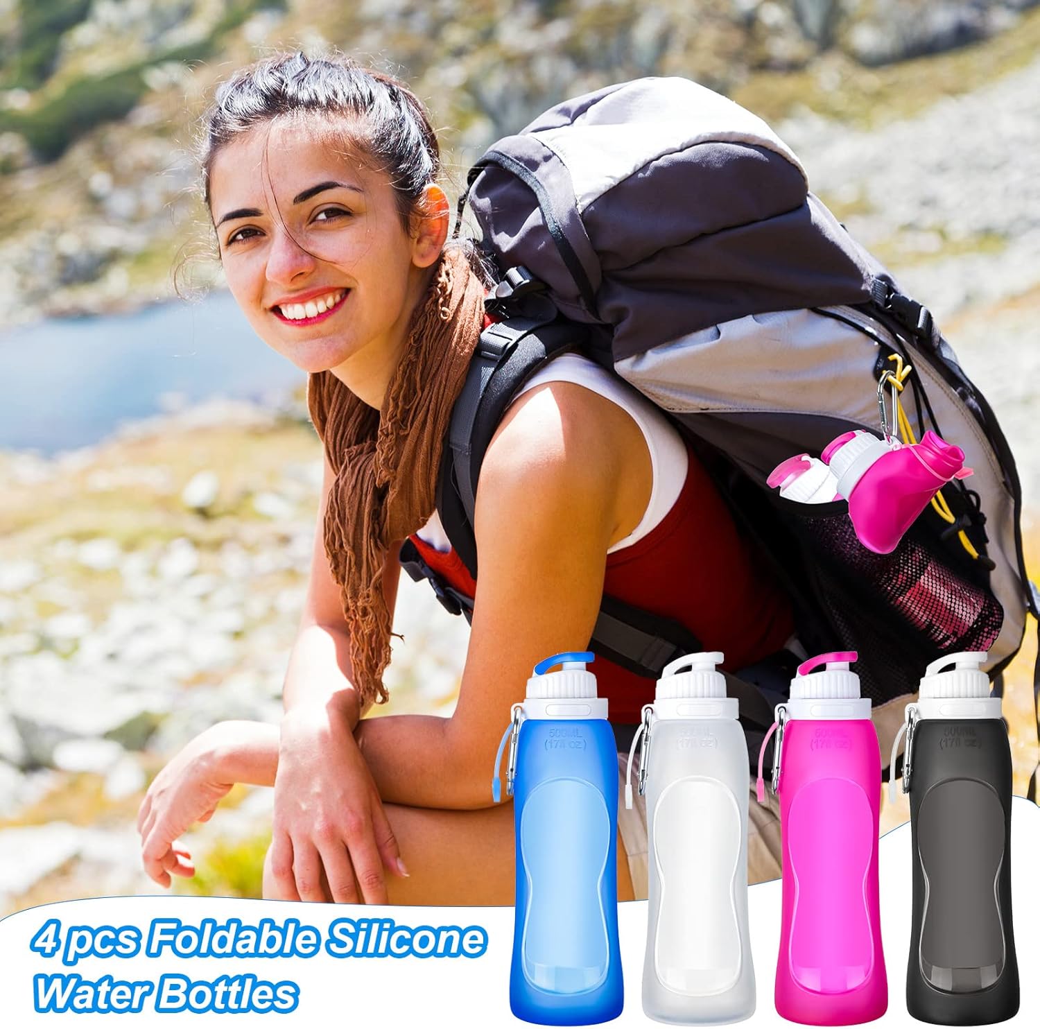 Zopeal 4 Pieces Collapsible Water Bottles Roll up Folding Bottle Silicone Foldable Leak Proof Water Bottles for Sports Traveling Riding Camping Hiking Backpack (Purple, Clear, Gray, Blue, 17 oz) - Image 7